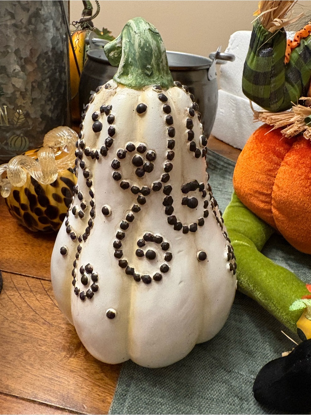 Decorative White Beaded Pumpkin Accent